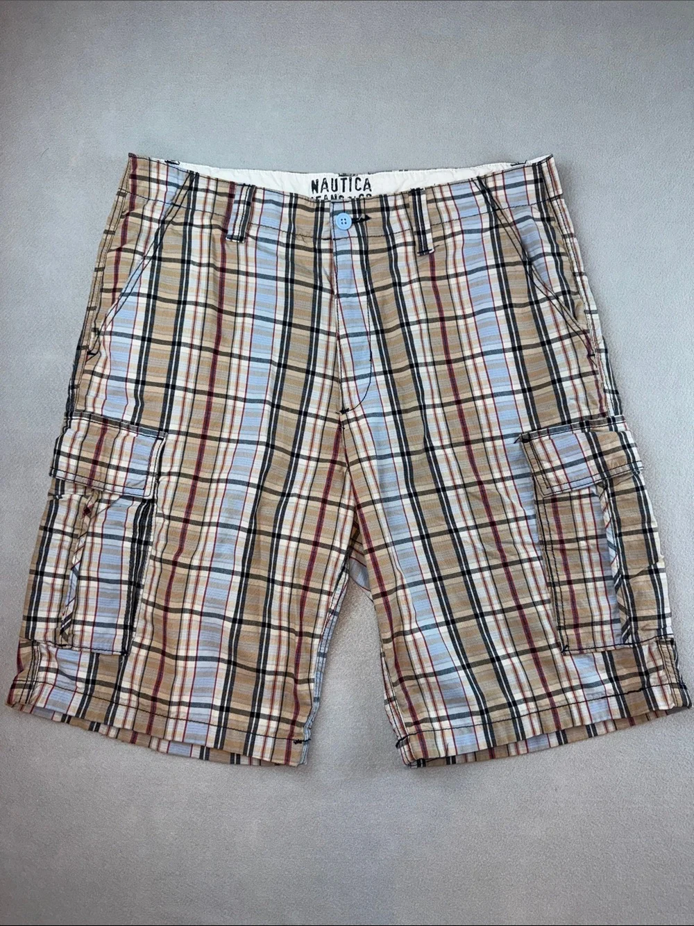 Nautica Tan and Blue Plaid Cargo Shorts Size 36